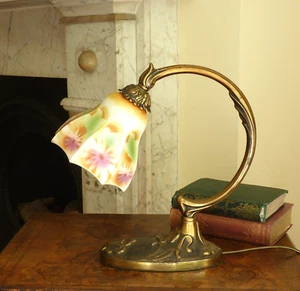 Brass Table Desk Lamp base & glass shade Art Nouveau style Vintage - Picture 1 of 11
