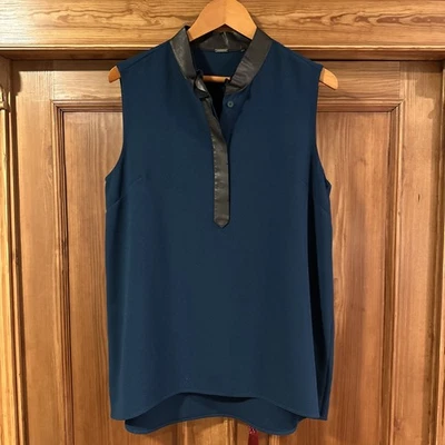 Blusa sin mangas Elie Tahari verde azulado y negro LG para mujer con ribete de cuero de cordero genuino Foto 1 de 4