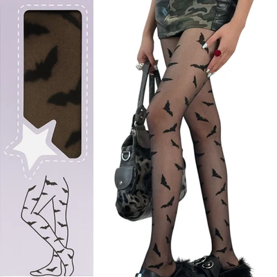 Medias transparentes con estampado de murciélago negro para mujer disfraz de fiesta de Halloween pantimedias de malla Foto 1 de 4