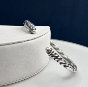 David Yurman Pearl & Diamond Sterling Silver Classic Cable Cuff Bracelet - Picture 1 of 3
