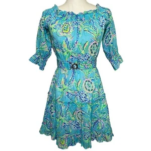 Lilly Pulitzer Louisa Off The Shoulder Mini Dress Bermuda Blue Turtle Print XS - Picture 1 of 12