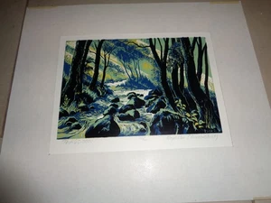 Vintage Woodcut Woodblock Print Forest w/ Stream Signed - Bild 1 von 4