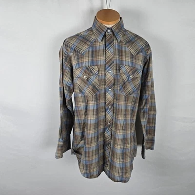 Camisa ATB Auténtica Western Hombres 16 32/33 Marrón Azul A Cuadros A Presión Foto 1 de 4