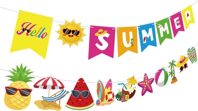 Hola Summer Banner Letrero Piscina Verano Bunting Banner Colorida Bandera Guirnalda para Ha Foto 1 de 4