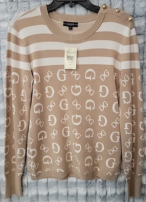 Suéter Pullover Guess Rosalie Jacquard Crema y Marrón Para Mujer Mediano Manga Larga Foto 1 de 3