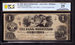 1854 $1 BANK OF WASHTENAW ANN ARBOR MICHIGAN OBSOLETE NOTE PCGS B VF 25 - Picture 1 of 2