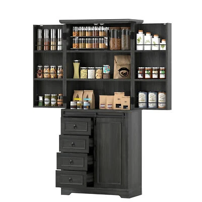 Kitchen Hutch 4 Drawer Storage Cabinet Adjustable Shelves w/ Sided Shelving Door - Image 1 of 4