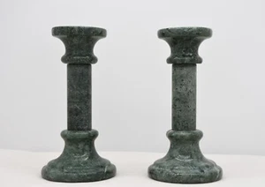 Set of 2 Vintage Marble Pillar Candlestick Holders 5" Taper Candlesticks Green - Picture 1 of 4