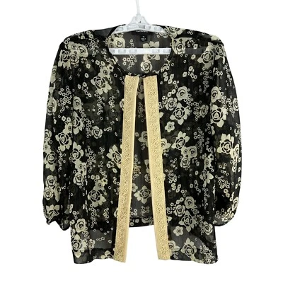 Jaqueta feminina R&M Richards floral transparente tamanho 16 preta e bege acabamento em renda - Imagem 1 de 4