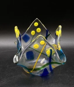 Yellow Blue & Clear Fused Art Glass Handkerchief Votive Tea Light Candle Holder - Picture 1 of 12
