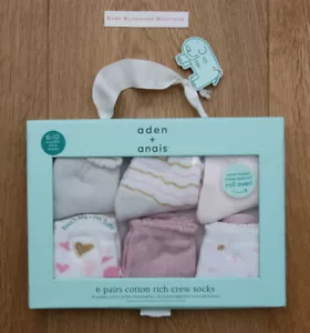 aden + anais Baby Girl 6 Pairs Cotton Rich Crew Socks ~ 0-6M ~ - Picture 1 of 3