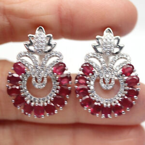 Heated 3 X 4 MM. Red Ruby & Cubic zirconia 925 Sterling Silver Earrings