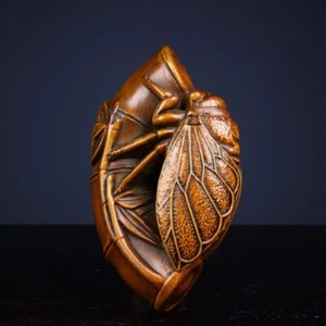 Chinese Natural Boxwood Hand-carved Exquisite Cicada on bamboo Statue Amazing - Picture 1 of 8