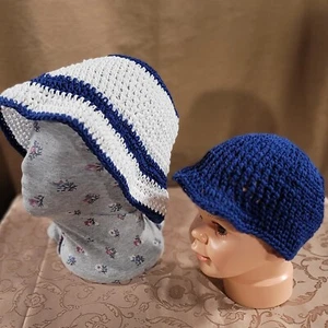 Adult & Baby (12 mo) Hat Set - Cotton Lightweight - Navy Blue & White - Handmade - Picture 1 of 4