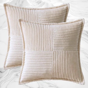 Set Of 2 Pillow Covers With Splicing. 18” X 18” Beige Soft Corduroy - Picture 1 of 4