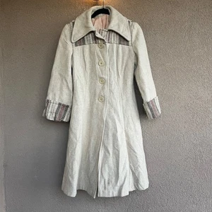 Vintage tan cream Wool Plaid Trim Trench Coat M pleated back - Picture 1 of 15