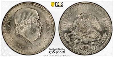 Moeda de prata 1947-Mo México 1 peso - PCGS AU58 - 0,500 - KM# 456 - Imagem 1 de 3