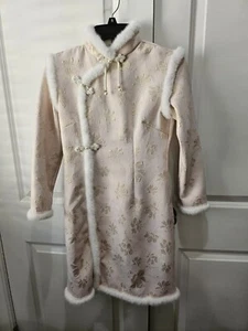 Pink Chinese Coat Dress  Sz Small Faux White Fur Broquade Jacquard - Picture 1 of 9