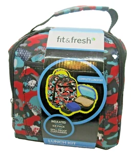 Lunchbox Kit Fit & Fresh Red JungIe Camo Insulated Carrier Ice Pack 2 Containers - Picture 1 of 7