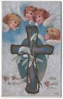 Vintage Ostergrüße Postkarte, junge Engel, goldenes Kreuz mit Blumen