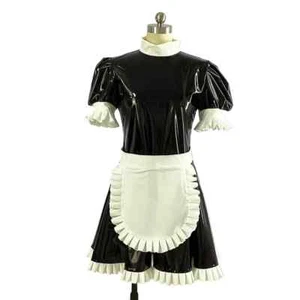 Shiny PVC Leather Short Sleeve A-Line Ruffle Maid Uniform Sissy Cosplay Costume - Picture 1 of 9