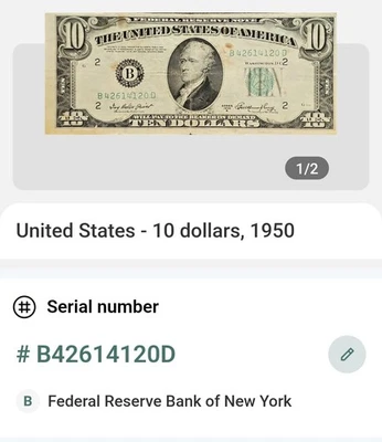 1950 a $10 New York Federal Reserve Note Green Seal! Interesting Cut, Rare! - Image 1 of 4