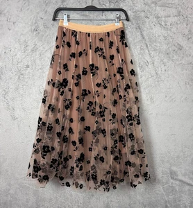 Falda Midi Romántica Coqueta Burnout Floral Tul Pequeña Negra Línea A Hada - Imagen 1 de 5