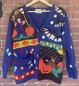 Vtg Croft & Barrow Halloween Cardigan L Knitted By Hand Bats Scarecrow Pumpkins - Picture 1 of 12