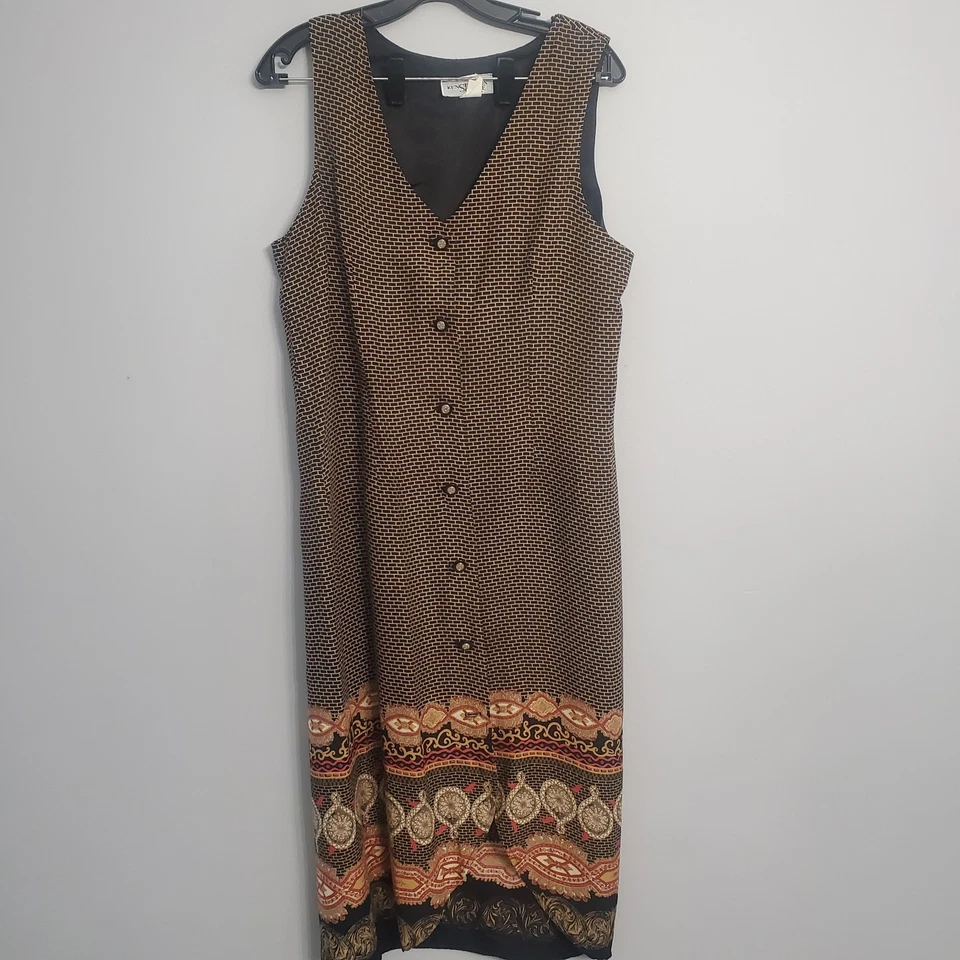 Vestido Kensington Cuadrado Raro Vintage Años 80 90 Negro y Marrón Abotonado EE. UU. Talla M Foto 1 de 4