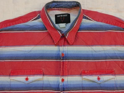 Винтажная мужская рубашка вестерн серии Frontier из денима L с красными и синими полосками - Изображение 1 из 4