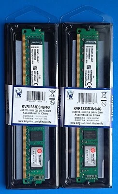 kingston 8GB 2x 4 GB PC3-10600 Ddr3-1333 MHz KVR1333D3N9/4G DIMM memoria desktop - Immagine 1 di 4