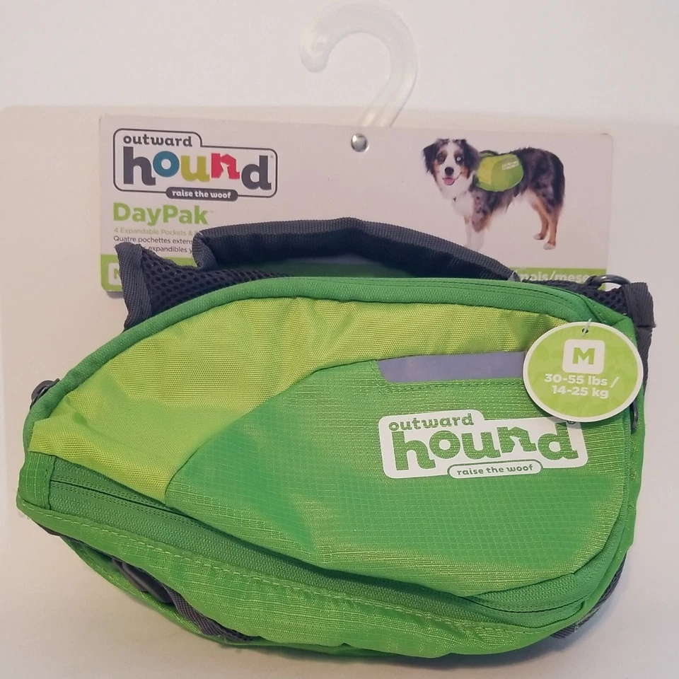 Paquete de día verde brillante Outward Hound talla M 30-55 libras bolsillos expandibles Foto 1 de 4