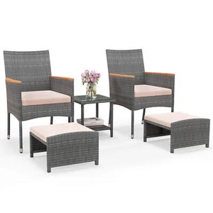 5 PCS Patio Conversation Set w/Soft Cushions Ottomans & Tempered Glass Top Table - Picture 1 of 9