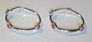 Sivertone And Red Stone Hoop Earrings By Chaps Burnt Red Colored Stones 1.75" D - Picture 1 of 3