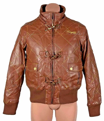 y2K Coogi Women Brown Faux Leather Moto Bomber Jacket Rainbow Checkered Toggle L - Image 1 of 4