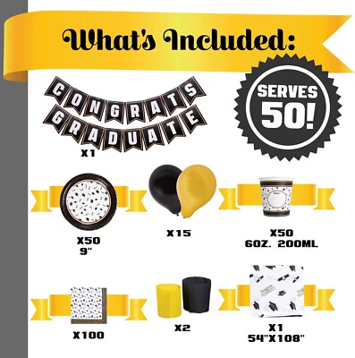 Graduation Party Dinnerware Set Grad Party Black & Gold Supplies Serve 50 - Image 1 of 4