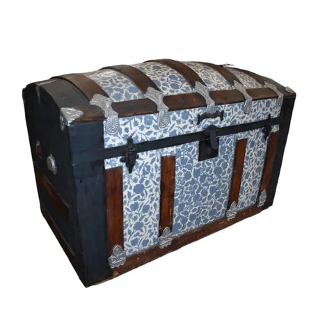 Blue Floral Antique Vintage Dome Top Chest, Wood Slat Railroad Trunk Cover