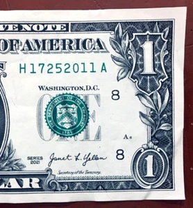 2011 Trailing Birth Year Note One Dollar Bill Fancy Serial Number H1725 2011A - Picture 1 of 3