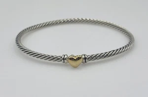 David Yurman Sterling Silver & 18k Gold Heart Cable Bangle Bracelet 3mm - Picture 1 of 6