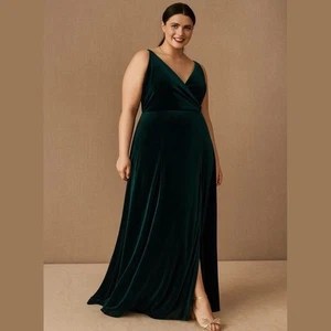 Jenny Yoo BHLDN Andi Velvet Wrap Gown in Emerald Green Size 12 - Picture 1 of 12