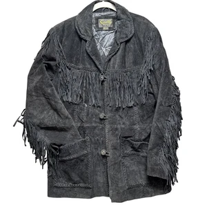 Scully Vintage Suede Fringe Jacket Men's 42 Black Western Loop Button Cowboy - Picture 1 of 11