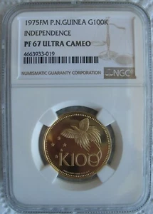Papua New Guinea 1975-FM Gold 100 Kina NGC PF-67 Ult.Cameo Independence - Picture 1 of 3