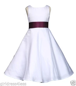 White A-Line Satin Wedding Bridesmaid Flower Girl Dress 12 Months - 18 Years Old - Picture 1 of 37