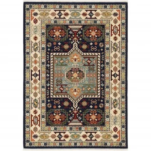 5' X 8' Blue Ivory Machine Woven Medallion Indoor Area Rug - Picture 1 of 3