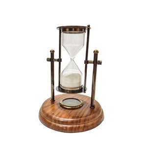 Temporizador de arena de reloj de arena de latón de 4 minutos con brújula y base de madera vintage hecho a mano antiguo - Imagen 1 de 4