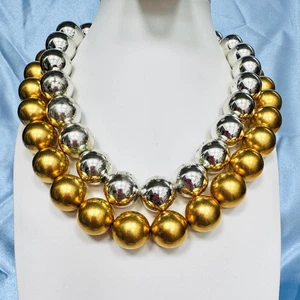 80er Anne Klein Laufsteg Stil Grob Doppelstrang Gold und Silber Ton Metall Perlen - Bild 1 von 5