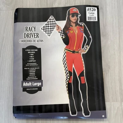Racy Driver Women Costume Racecar Jumpsuit Hat Flag Halloween Outfit Sz Adult L - Image 1 of 4