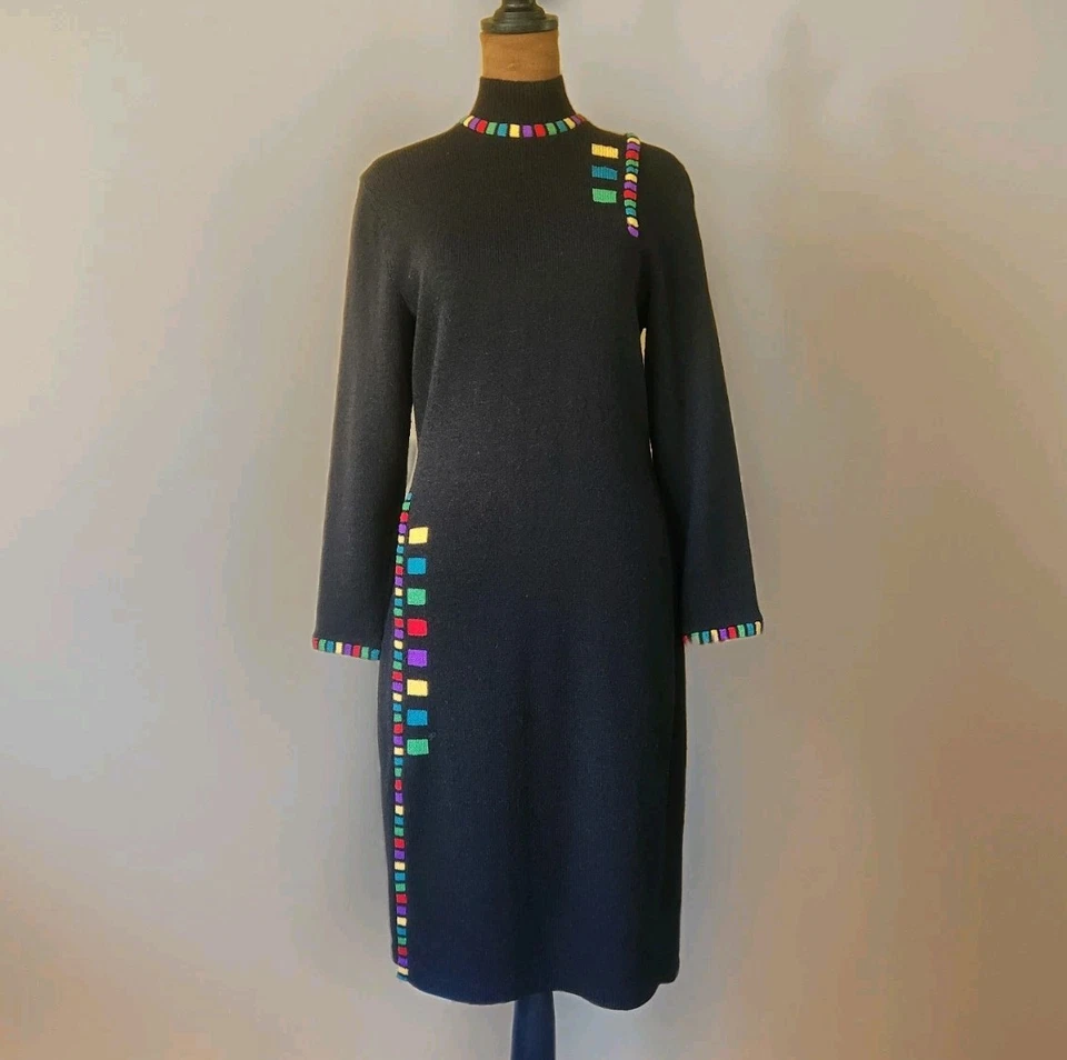 Vestido Suéter Vintage ANTONELLA PREVE Talla S Colorido Borde Tejido Años 80 Geométrico Foto 1 de 4