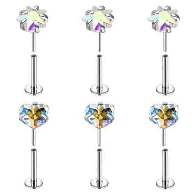 3Pcs 16G 18G 20G Stainless Steel CZ Labret Lip Stud Push in Helix Conch Piercing - Image 1 of 4