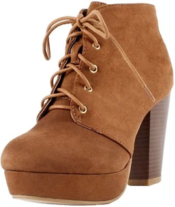Forever Women High Heels Ankle Boots Platform Lace Up Booties Camille Brown Tan - Picture 1 of 4